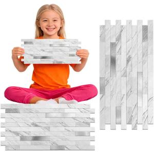 Peel and Stick Backsplash Tile Waterproof Removable PVC Wall Sticker 3D Faux Stone Marble Brick White Accent Panels (White Marble - Metal Silver, 20 Tiles - 9 sq. ft. (0.84 m))