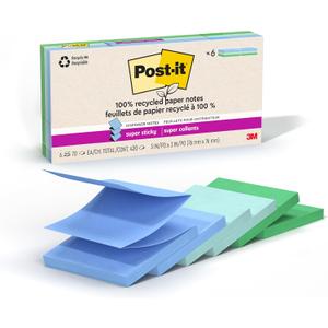 Post-it Super Sticky 100% Recycled Pop-up Notes, 3 in. x 3 in., 70 Sheets, 6 Pads, Oasis Collection, School Supplies and Office Products