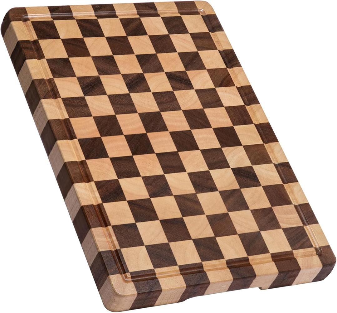 THETCHRY Cutting Boards for Kitchen, Checkered Cutting Board Upgraded, Acacia Wood Chopping Board with Juice Grooves & Handles, Large Butcher Block Serving Tray with Gift Box, 17"X12"X0.8"