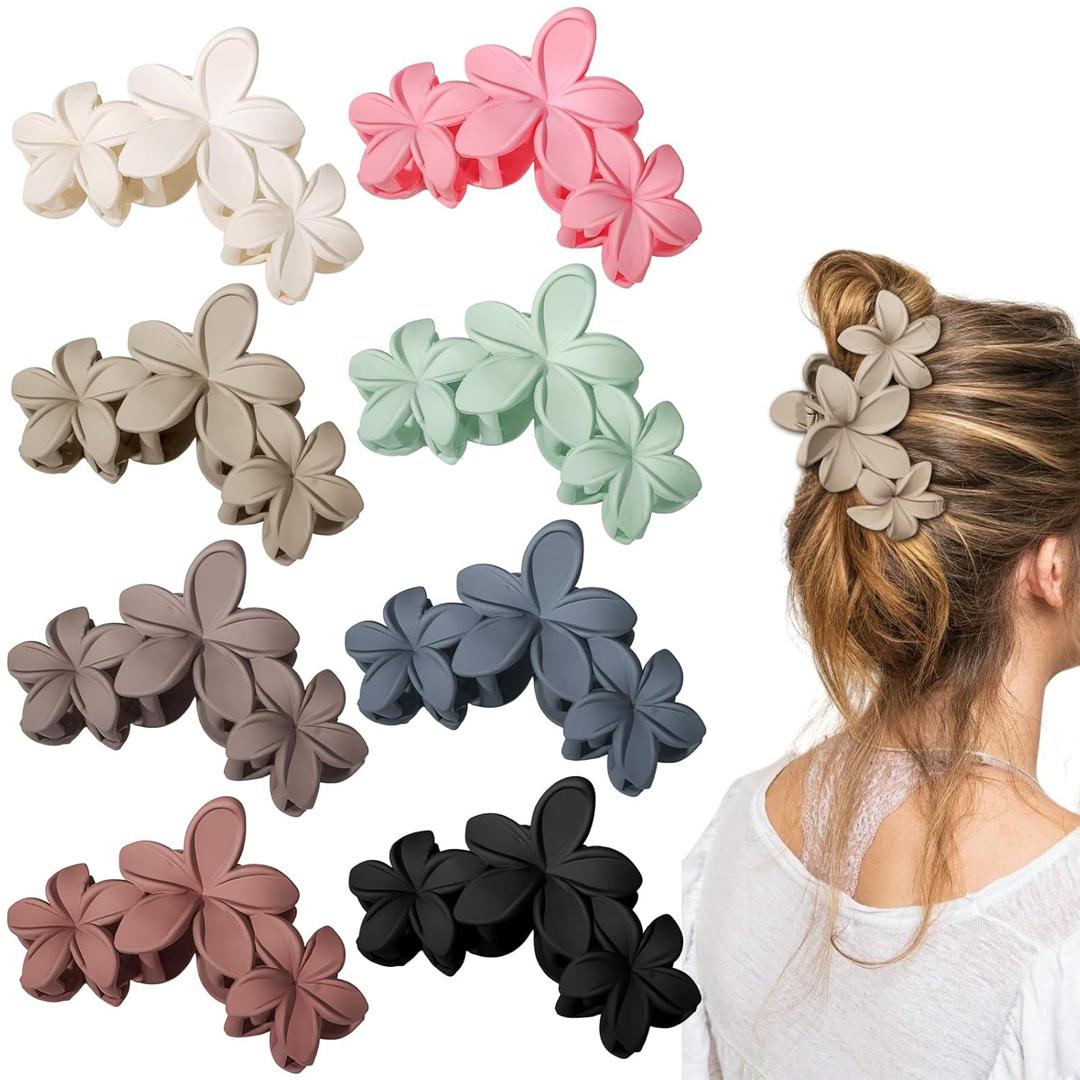 WHAVEL 8PCS Flower Claw Clips Plumeria Flower Hair Clip for Women Hawaiian Accessories for Thick Hair Beach Spring Summer, Strong Hold (Netural, Matte)