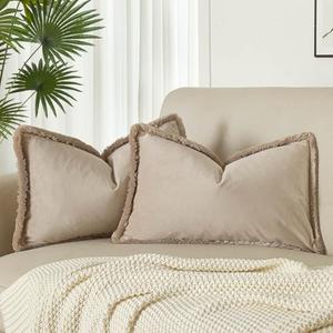 JUSPURBET Champagne Decorative Lumbar Velvet Fringe Throw Pillow Covers 12x20 Set of 2 Boho Soft Cushion Case for Home Decor Living Room Couch Sofa Bed