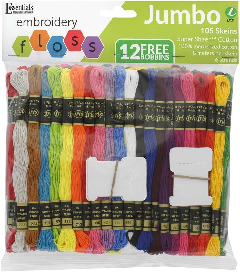 Essentials By Leisure Arts and Iris Embroidery Floss Jumbo 105 Pack - 6 Strand Colorfast Cotton Thread with Bobbins for Cross Stitch, Embroidery, DIY Crafts