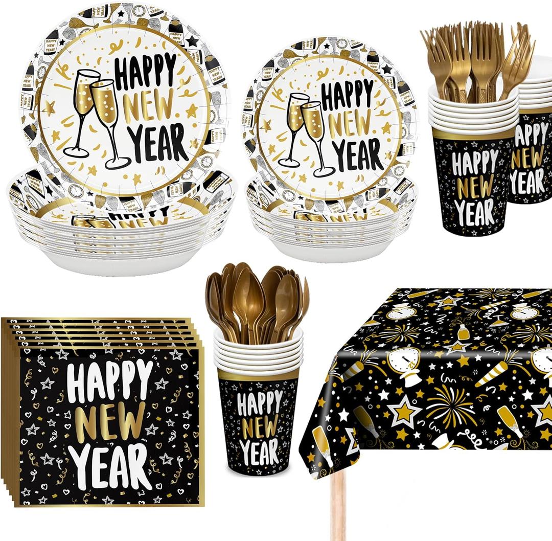 KatchOn, New Years Eve Tableware Set - Serves 25 Guests | Happy New Year Plates and Napkins for New Years Eve Party Supplies 2026 | Nye Tablecloth for Happy New Year Decorations 2026