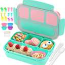 QQKO Bento Box for Kids Adults, School Toddler Lunch Box for Boys Girls, Lunch Box Containers with 4 Compartments, Sauce Container, Utensils, Food Picks and Muffin Cups for School, Pink Green