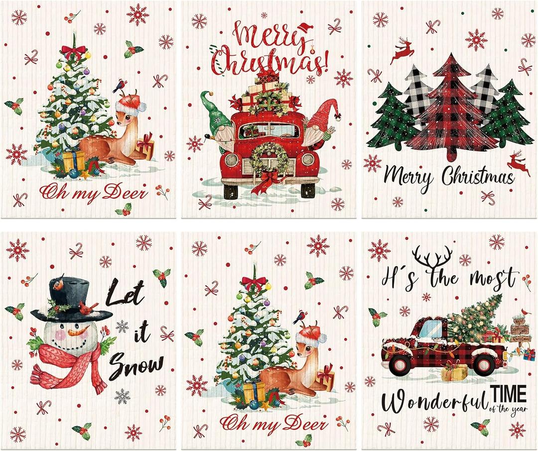 Yinder 6 Pieces Christmas Swedish Kitchen Table Dishcloths Reusable Xmas Dish Towels Absorbent Cleaning Cloth Fast Dry Kitchen Dishcloth with Santa, Snowman, Christmas Tree, Deer(White,Santa) (Bright Style)