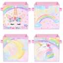 WERNNSAI Cube Storage Bins - 4 Pack Fabric Foldable Storage Cube Organizer for Kids Decorative Storage Baskets with Handles 11" x 11" Home Closet Nursery Room Bedroom (Unicorn)