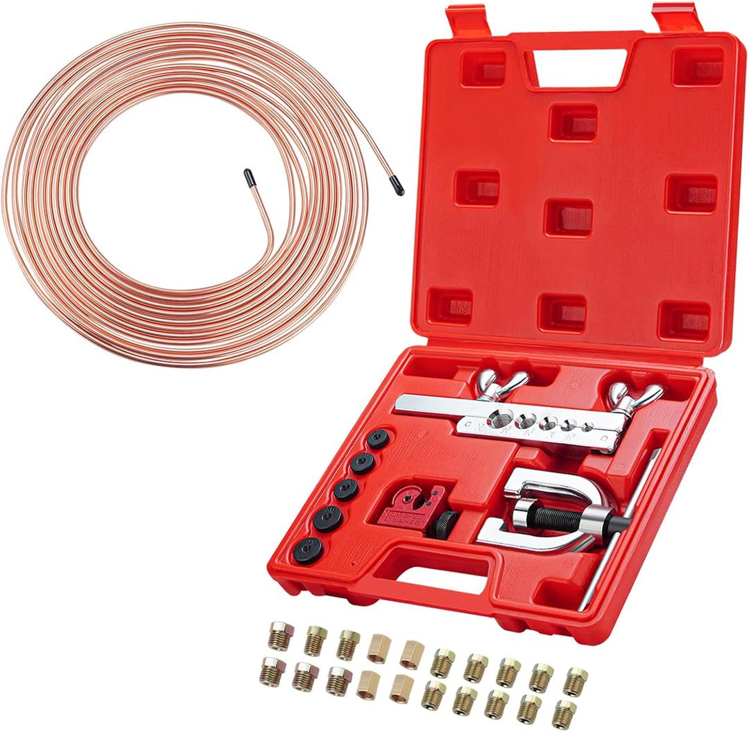 25 ft 3/16 Copper Coated Brake Line Kit 16 Brake Line Fittings and 4 Unions Brake Line Fittings Double & Single Flaring Tool Kit