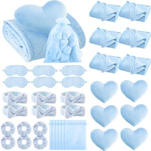 Fanfanwin 36 Pcs Sleepover Party Supplies for Girl Spa Slumber Birthday Favors Throw Blanket Pillow Eye Mask Headband Scrunchies (Solid Color,Light Blue)