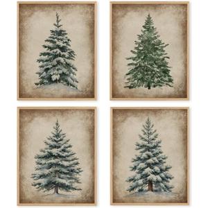 Boat Wades Vintage Christmas Tree Unframed Wall Art Prints,Vintage Botanical Fir Christmas Posters & Prints For Living Room Home Dorm Decor,Farmhouse Holiday Wall Art Prints 8x10 Set Of 4