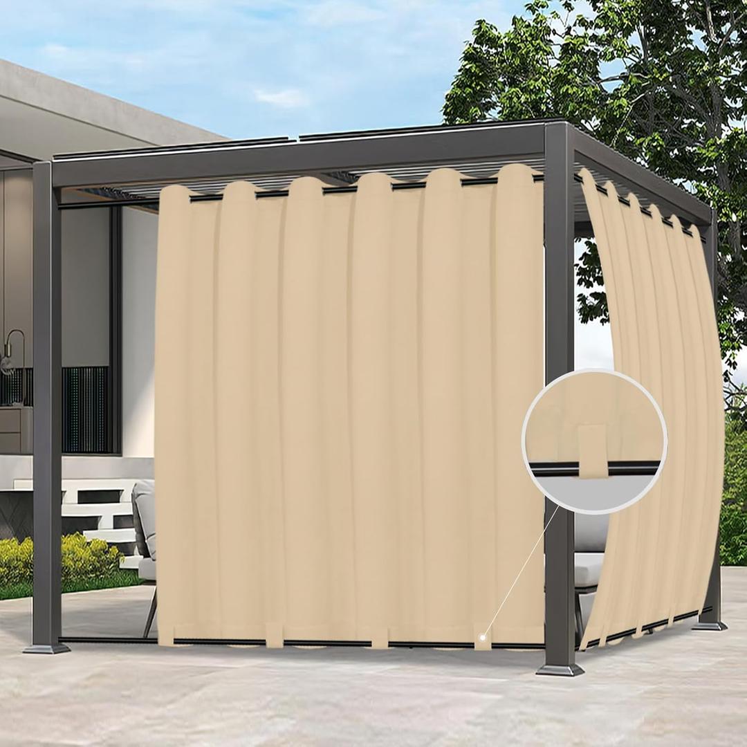 Easy-Going Outdoor Curtains Waterproof Windproof Weatherproof Curtain for Patio, Cabana, Porch, Pergola and Gazebo, Grommet Top and Tab Bottom Drape, 1panel, 110x108 inch, Beige