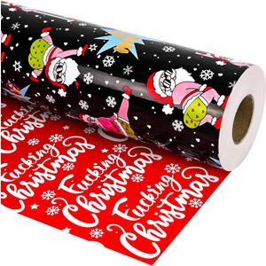 Dlyrroba Reversible Christmas Wrapping Paper Roll - Metallic Foil Gift Wrap with Xmas Design for Holiday Winter (Funny Christmas - Black, 17 In X 100 Feet)