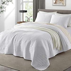 Safonory White Patchwork Quilted Bedspreads King Size - Summer Soft Lightweight Microfiber Ultrasonic Quilt Coverlet Set for King Bed - 3 Pieces Bedding Set(1 Quilt, 2 Shams)