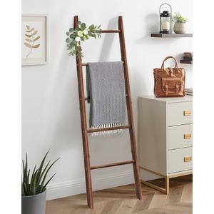 Blanket Ladder for Living Room, 5-Tier Wooden Ladder Shelf, Rustic Decorative Blanket Rack for Blankets, Quilts, Farmhouse Decor Ladder Shelf for Bedroom Bathroom Home Christmas Decor, Brown