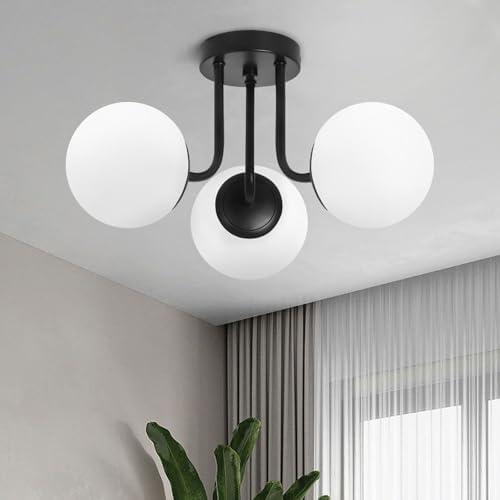 Bektas 3-Lights Semi Flush Mount Ceiling Light Fixture Matte Black Light Fixture Bend Modeling with Milk Glass Globe for Bedroom,Living Room,Dinning Room Foyer Hallway