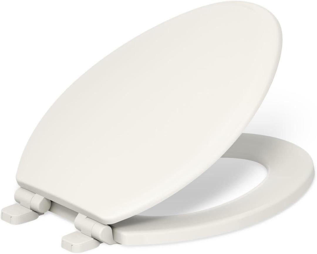 KOHLER 20454-96 Ridgewood Elongated Soft Close Toilet Seat, Quiet Close, Wood Toilet Seat, Home Essentials, Biscuit