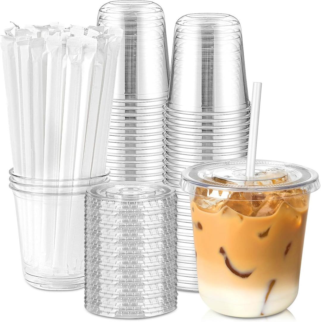 [50 Sets - 12oz Round Bottom Clear Plastic Cups with Lids and Straws, Disposable Iced Coffee Cups with Lids To Go Cold Drink Cups for Smoothies, Juices, Party Catering