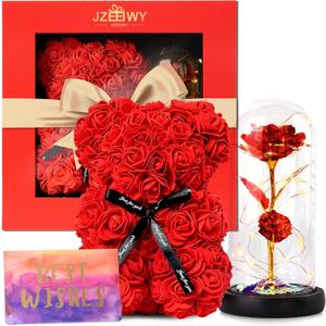 Flower Rose Bear for Mom,Perfect Birthday Romantic Gift for Wife Daughter Girlfriend Friend Her,Light up Rose in Glass Dome for Birthday Anniversary Mothers Day Valentines Day (Red1)