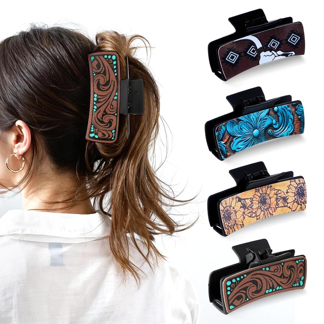 4Pcs Western Hair Clips for Women, Large Cowhide Pattern Resin Claw Clips, Cowgirl Aesthetic Flower Hair Claw Clips, Western Hair Accessories Vintage Gifts for Thick Thin Hair Jewelry Stuff