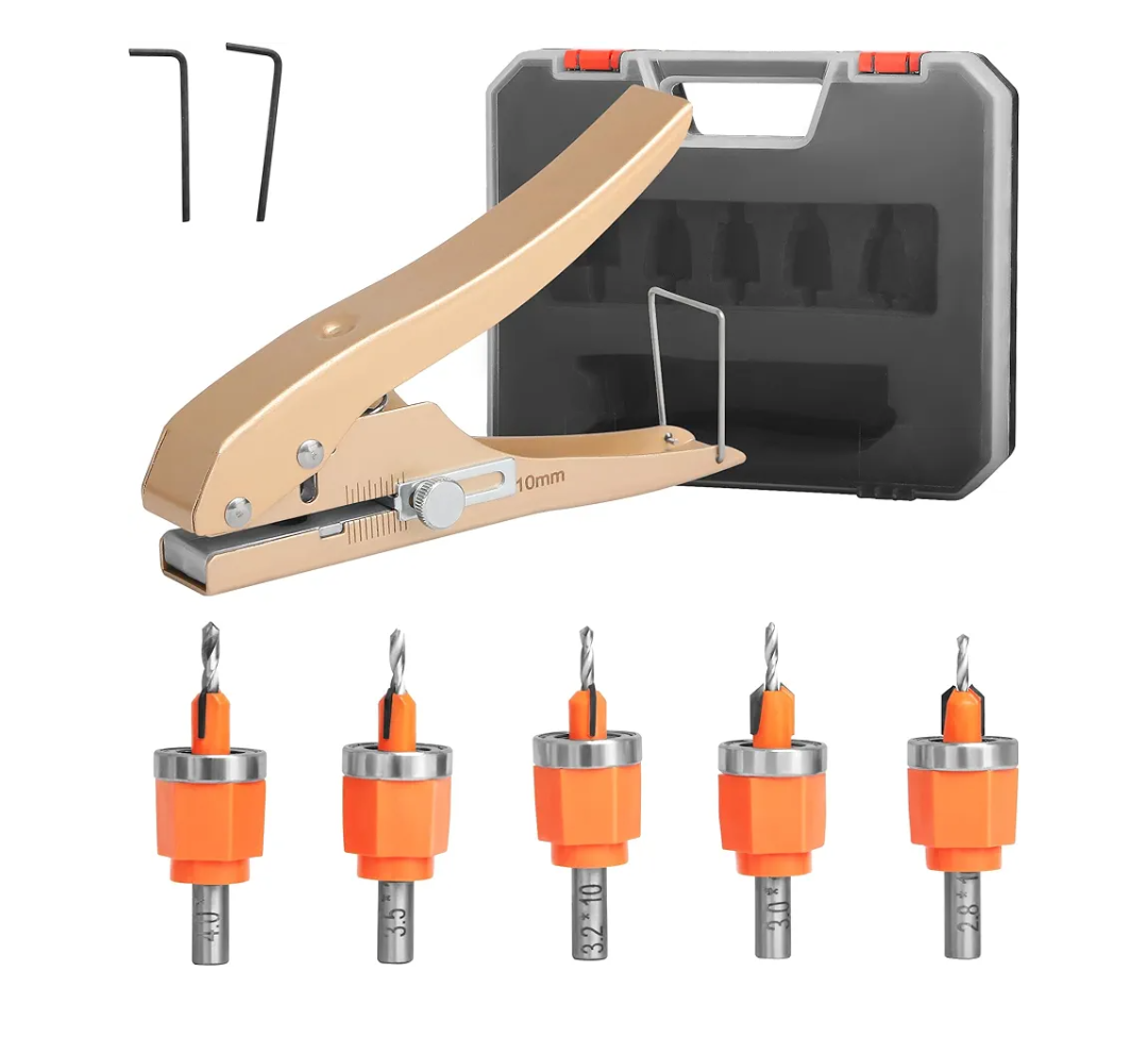6Pcs Limit Countersink Drill Bit Set with Hole Punch, Adjustable Depth Wood Countersink Drill Bit Kit, Includes 1/8"-5/32" Bits & 3/8" Punch, Perfect for Woodworking & PVC Edge Banding (Bits + Plier