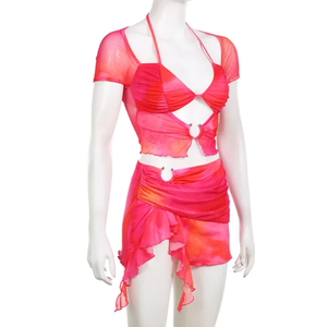 Unknown Women's 3 Piece Tie Dye Halter Triangle Tie Back Bikini Set with Ruched Drawstring Cover Up S