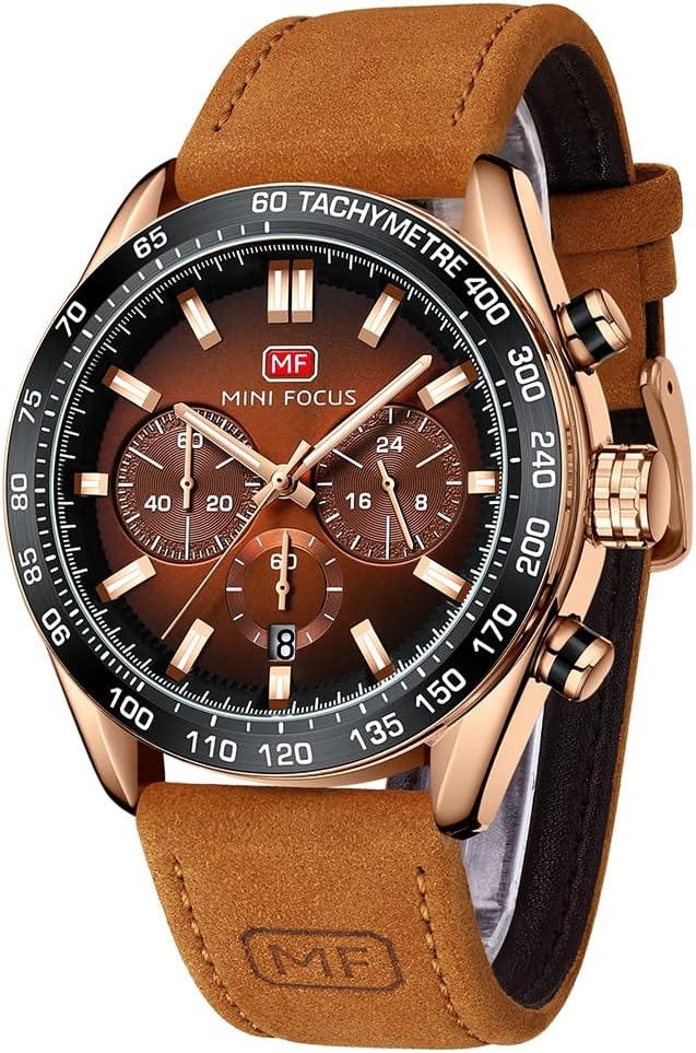 MINI Focus Men Watches Business Casual Wrist Watches (Multifunction/Waterproof/Luminous/Calendar) Genuine Leather Band Fashion Watch for Men
