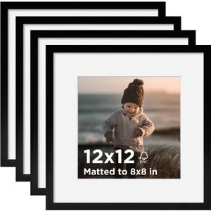 KINLINK 12x12 Picture Frame Black Set of 4, Wooden Square Photo Frames Matted 8x8 with Plexiglass for 8x8 with Mat or 12x12 without Mat for Table and Wall Display