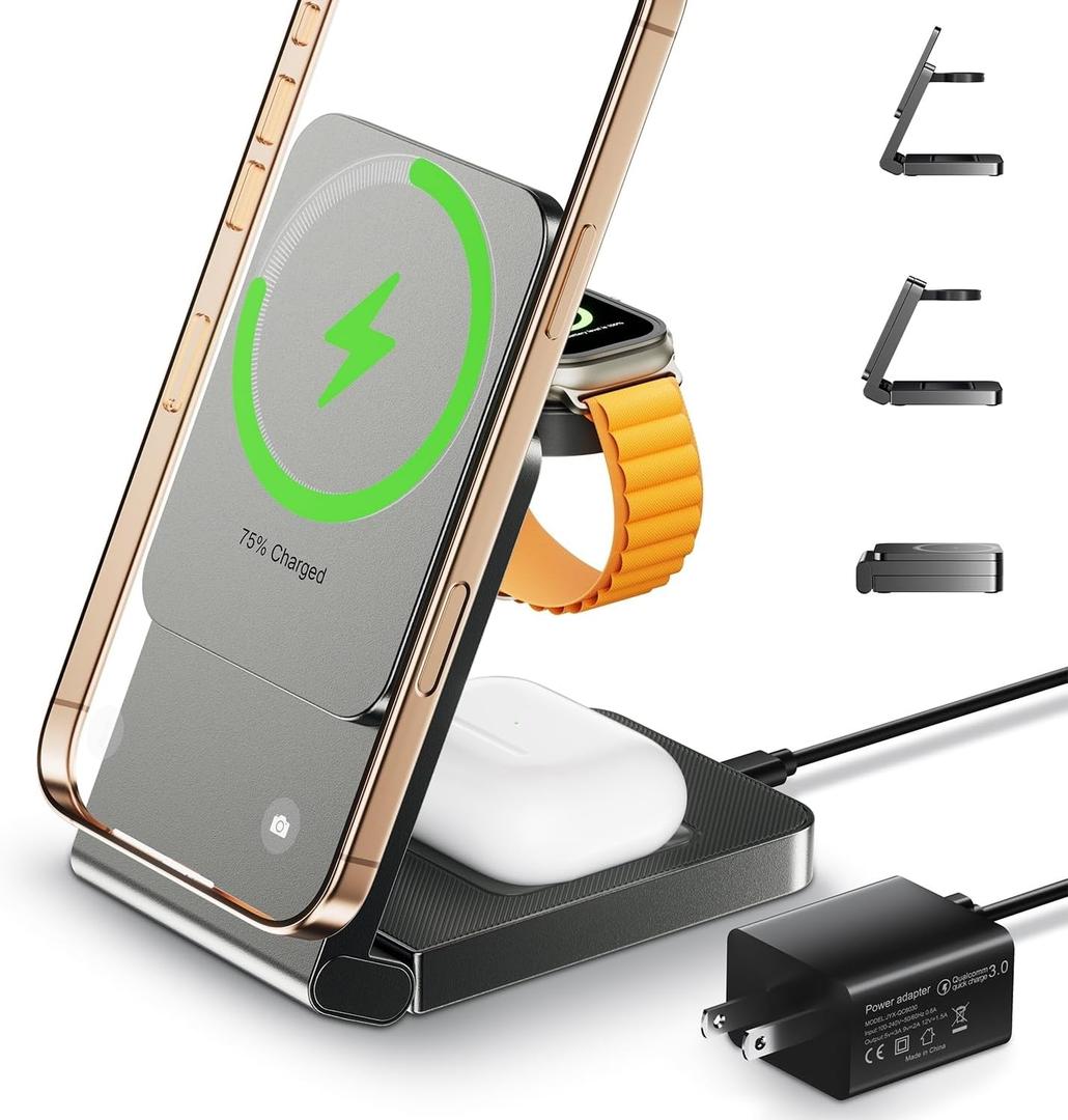 3 in 1 Wireless Charger Station for Multiple Devices, Foldable Magnetic Charging Stand, Portable Fast Travel Wireless Charger for iPhone17/ 16/ 15/ 14/ 13/ 12 Pro Max/ AirPods2/ 3/ 4 and IWatch Ultra Series