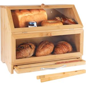 Double Layer Bamboo Bread Box for Kitchen Countertop, Cutting Board, and Stainless Steel Bread Knife, Large Capacity Storage Container with Clear Windows (Self-Assembly)
