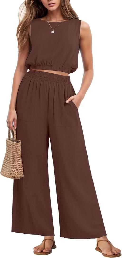 GRECERELLE Two Piece Sets for Women Sleeveless Crop Top Wide Leg Pants Sweat Set for Women Tracksuits 2026 Summer (Large, Coffee)