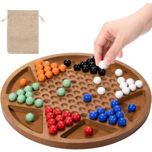 12-Inch Wooden Chinese Checkers Set - Classic Round Design with 60 Acrylic Marbles in 6 Vibrant Colors - Includes 12 Bonus Spare Marbles - Family Strategy Board Game for Kids and Adults