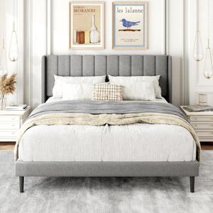 Gruwans Queen Size Bed Frame with Upholstered Wingback Headboard, Easy Assembly Platform Bed, Wooden Slat Support No Box Spring Needed, Light Gray
