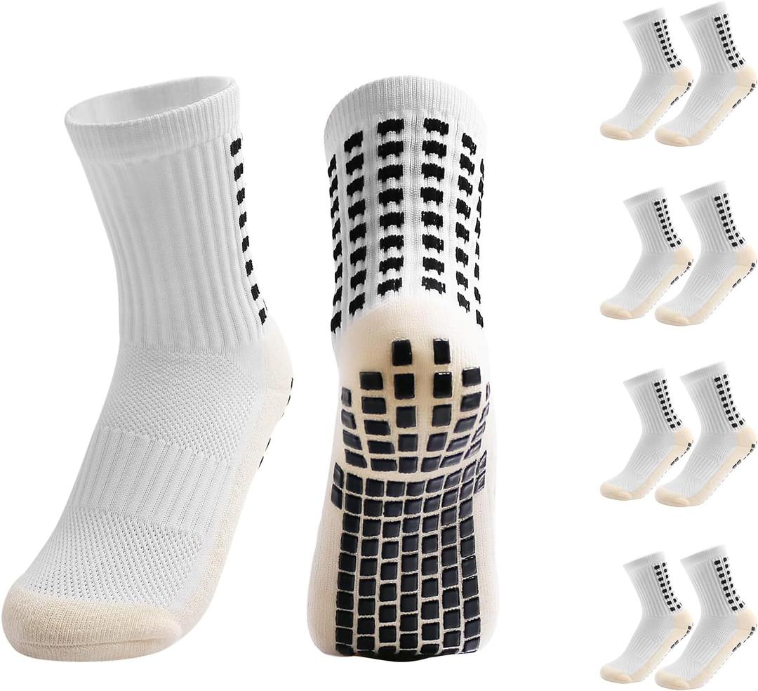 Yufree 4 Pairs Youth Grip Soccer Socks Grip Socks Kids Boys Girls Athletic Sport for Baseball Football Basketball (One Size, White)
