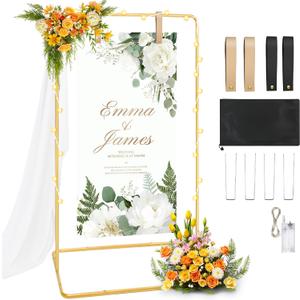 Wedding Welcome Sign Stand, Detachable Gold Easel Stand for Sign & Ground Stakes & Leather Sign Hanging Straps, Sign Holder Stand for Baby Shower, Party, Housewarming