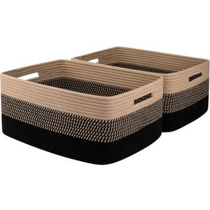 OIASKET Large Storage Basket for Organizing, Woven Rope Basket for Shelves, Closet Organizer Bins for Clothes, Blanket, Toys, Baby Nursery Storage, 17.7" x 13" x 7.87", 2 Packs Black & Brown