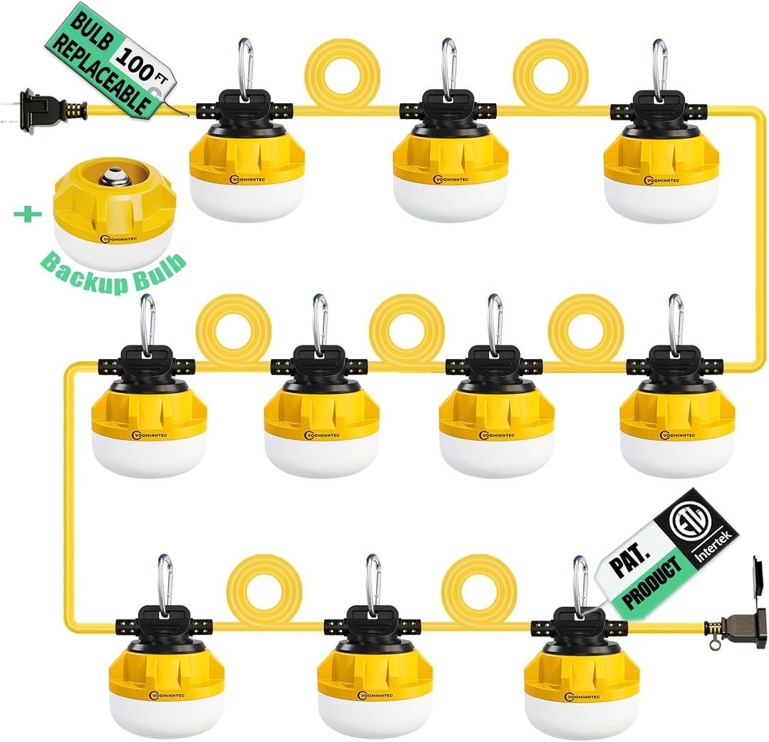 100FT Construction String Lights 100W 13000lm Bubl Replaceable Work Light for Construction Sites, Garage, Crawl Space, Workshop, Jobsite, Indoor and Outdoor, with Hanging Hooks