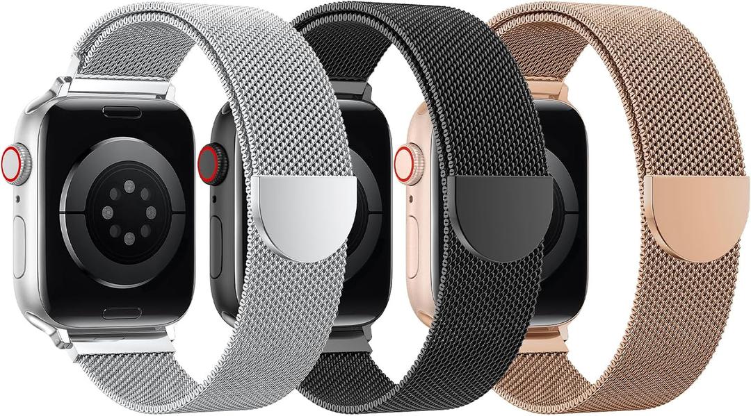 BELONGME 3 Pack Mesh Loop Compatible with Apple Watch Bands for Women Men 40mm 41mm 38mm 42mm 44mm 45mm 49mm 46mm Series 11 10 9 8 7 6 5 4 Ultra3 SE3 2, Stainless Steel Metal Magnetic Strap for iWatch Size: 42mm/44mm/45mm/49mm/46mm(series 11 10)