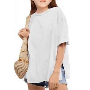 CharmWM Girls Fashion T Shirts Raw Hem Oversized Summer T Shirt Short Sleeve Tops Tees Shirt 5-14 Years (White)