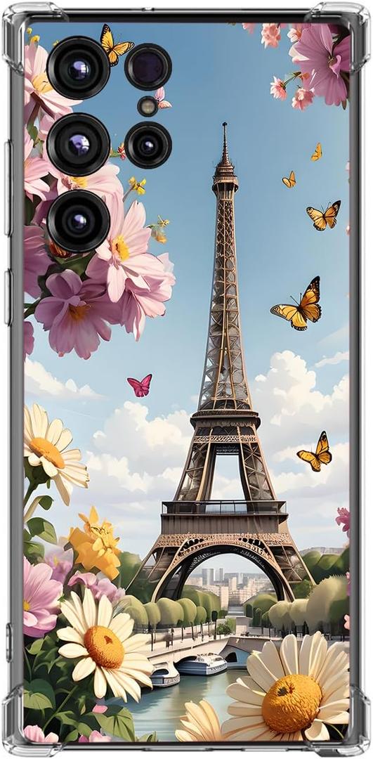 Case for Galaxy S26 Ultra, Eiffel Tower Butterfly Flowers Drop Protection Shockproof Case TPU Full Body Protective Scratch-Resistant Cover for Samsung Galaxy S26 Ultra