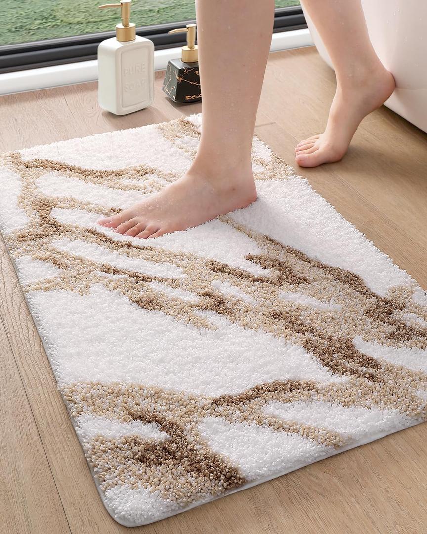 DEXI Soft Plush Bathroom Mat, Non Slip Washable Bath Rug, Absorbent Bathmat for Shower Tub Sink Toilet, 17x30, White and Beige (1'5" x 2'6" (Rectangular))