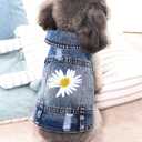 Pawstrip Dog Denim Jacket with Embroidered Daisy, Ripped Vintage Jean Vest for Small Dogs, Pugs, Chihuahuas, Spring Summer Fall Festival Outfit, Large (Fits Chest 15-16")