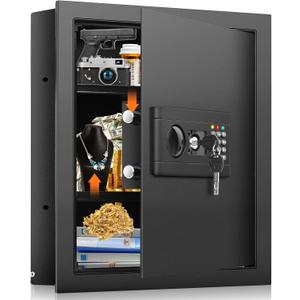 17.7" Tall Wall Safes Between the Studs 16" Centers, Hidden Wall Safe with 2 Removable Shelf & Hidden Tray, In Wall Mount Safe for Money, Jewelry, Passport, Valuables