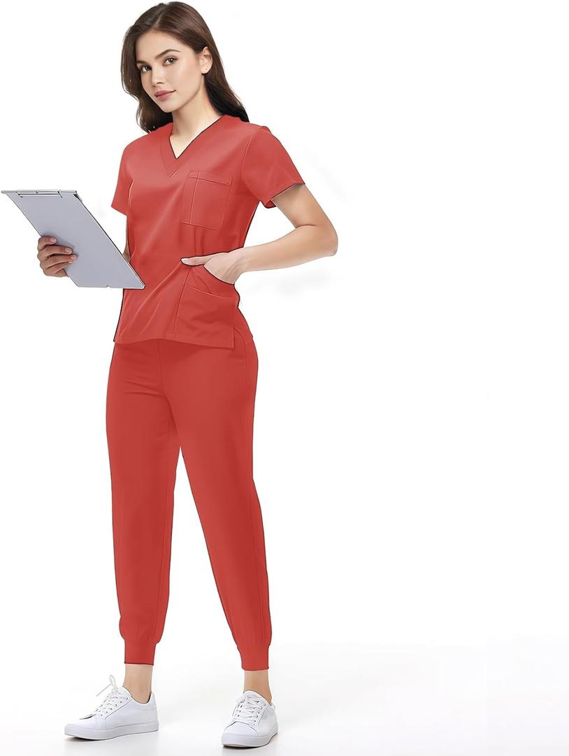 Scrubs Set for Women Nurse Uniform Jogger Suit Stretch V-Neck Scrub Top & Jogger Pant with Pockets for Nurse Workwear (Small, Orange)