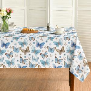 Horaldaily Spring Tablecloth 6084 Inch Rectangular, Watercolor Blue Purple Gray Butterflies Flowers Washable Seasonal Table Cover for Party Picnic Dinner Decor