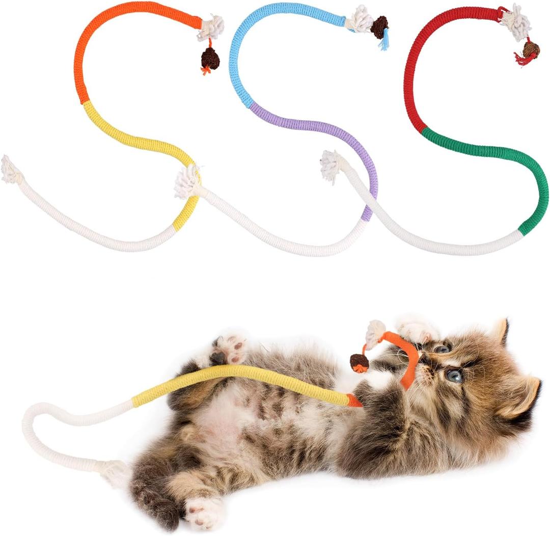 3pcs Cat Rope Chew Toys, 27.56x0.39in Cotton Rope Kitten Toys Interactive Cat String Toy Used for Dental Care Relaxing Teeth Cleaning for Indoors Cat Pets Supplies(Blue, Red, Orange)