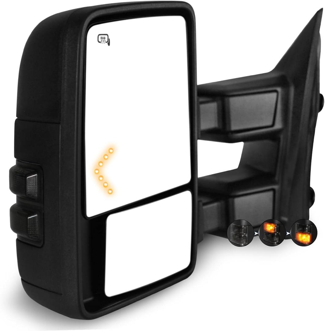AERDM Towing Mirrors Fit for 1999-2016 Ford F250 F350 F450 F550 Super Duty Side Mirrors Power Adjustable Heated glass with Smoked Turn Signal Light Manual Folding Black LH