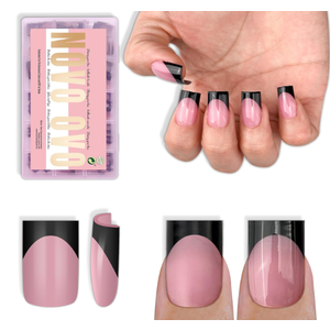 NOVO OVO Short Sharp Square Black French Tip Nail Tips Press on BERRY PINK, Extra Thick NEED Nail Glue Builder Gel Top Coat, Soft Gel Full Cover Fake Flase Nail Extension for DIY x 15 Sizes 240 pcs, Short Sharp Square Nail Tips Black French Tip BERRY PINK