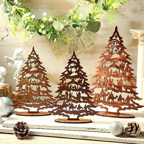 Huwena 3 Pcs Christmas Nativity Scene Table Ornament Vintage Jesus Nativity Set Rustic Farmhouse Holiday Wood Tree Wooden Christmas Tree Tabletop Decoration for Home Tiered Decor Xmas Signs (Classic)
