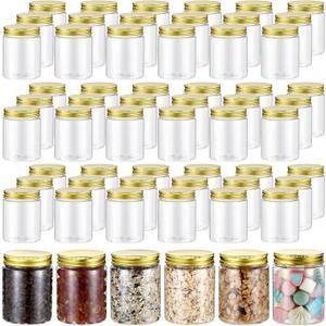 Wesiti 60 Pcs 8 oz Clear Plastic Mason Jars Containers With Screw on Gold Lids Refillable Round Empty Plastic Jars Storage Containers Reusable for Kitchen Household Dry Food Storage Honey Herb Nuts