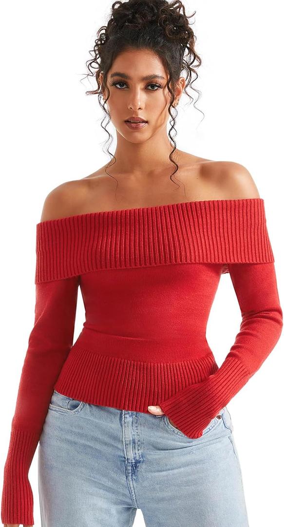 SUUKSESS Women Off Shoulder Sweaters Long Sleeve Ribbed Knit Going Out Fall Tops Blouse (Medium, Red Brown)