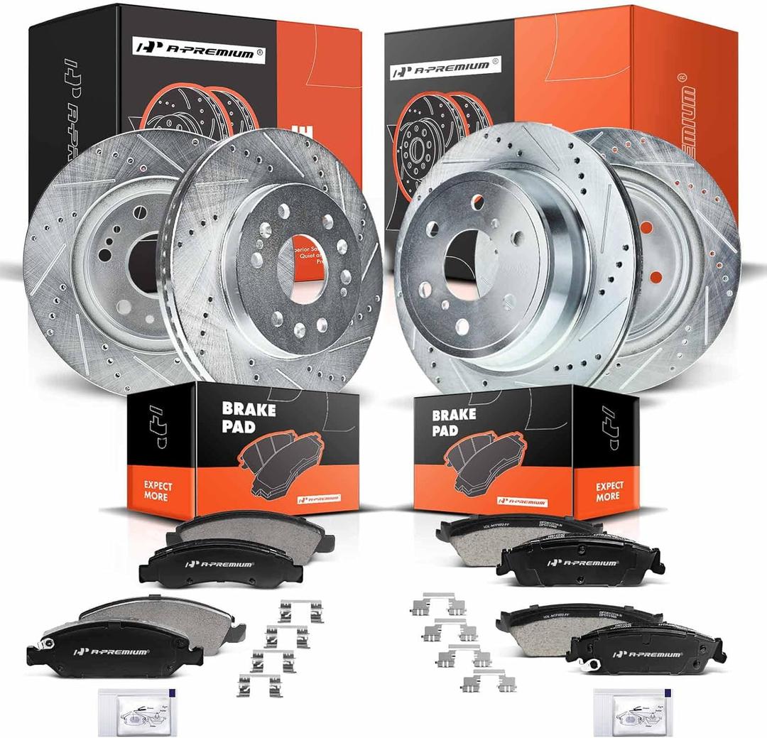 A-Premium Front & Rear Drilled and Slotted Disc Brake Rotors + Ceramic Pads Kit Compatible with Select Chevy, GMC and Cadillac Models - Silverado 1500, Sierra 1500, Escalade, Avalanche, Tahoe, Yukon